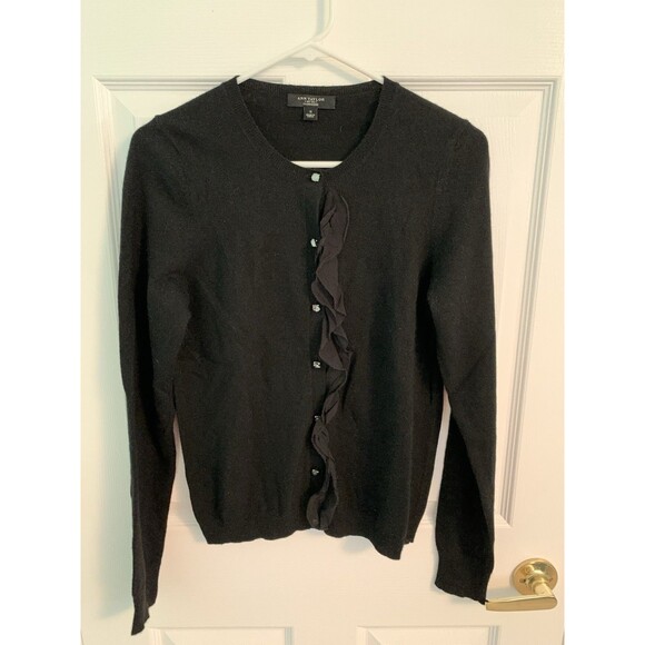 Ann Taylor Women’s Small Black Cashmere Button Up Cardigan Ruffle - Picture 1 of 6
